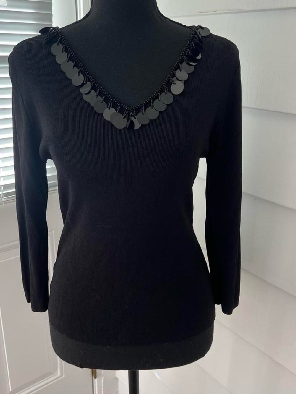 Vintage Black V-Neck Sequin Beaded Trim Long Sleeve Top